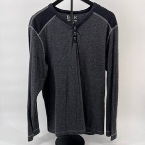 BKE Mens Slim Fit Henley Shirt Charcoal Grey Striped Long Sleeve Cotton XL